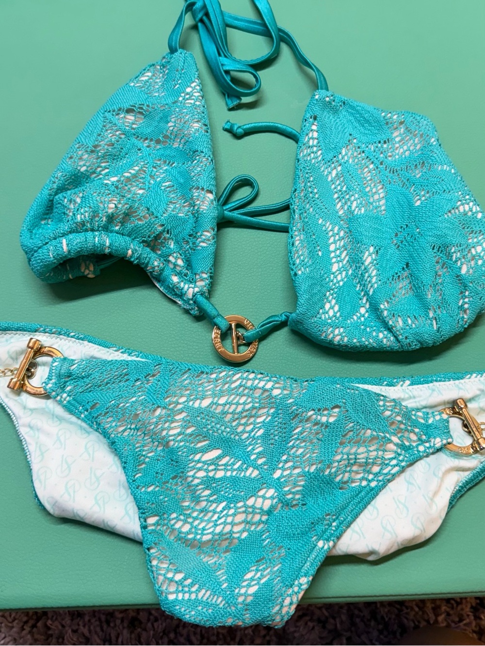 Victoria's Secret Turquoise Lace Bikini with Gold Hardware